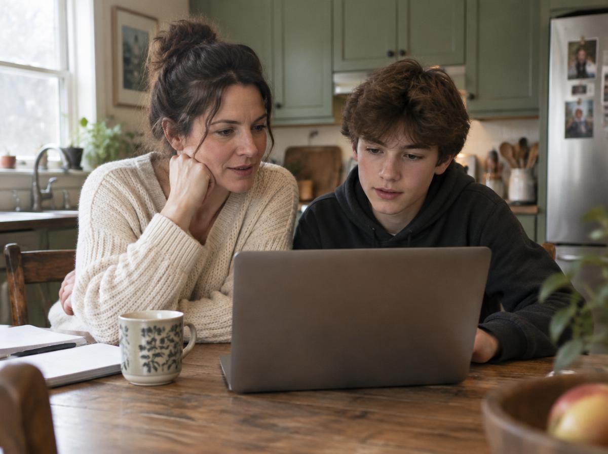Un parent et son enfant consultent l’ordinateur