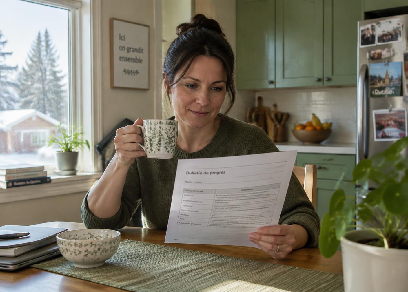 Une mère lit une note de suivi à la table de cuisine, une tasse à la main.